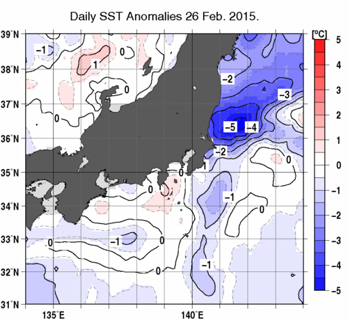 関東・東海・北陸周辺海域の海面水温平年差分布図（2月26日）