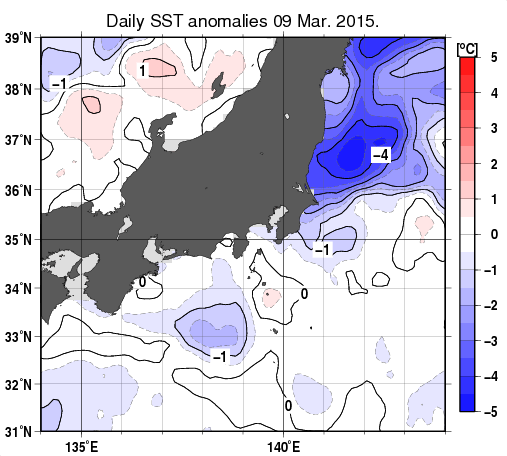 関東・東海・北陸周辺海域の海面水温平年差分布図（3月9日）