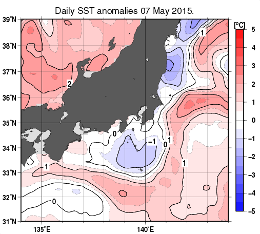 関東・東海・北陸周辺海域の海面水温平年差分布図（5月7日）