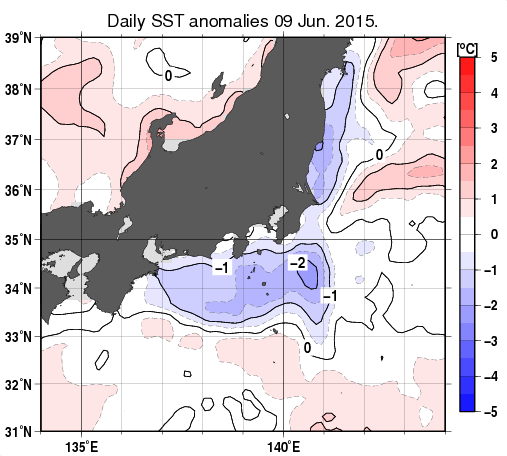 関東・東海・北陸周辺海域の海面水温平年差分布図（6月9日）