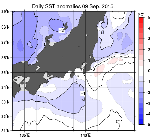 関東・東海・北陸周辺海域の海面水温平年差分布図（9月9日）