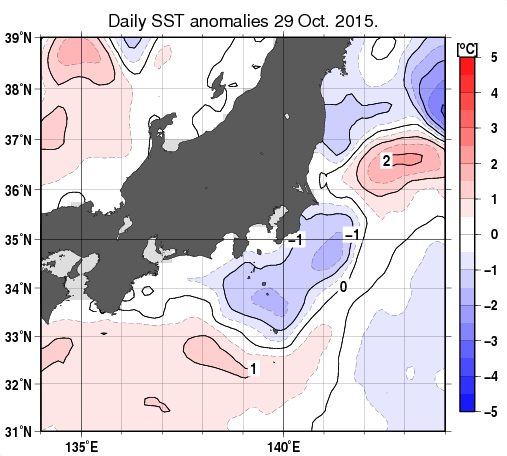 関東・東海・北陸周辺海域の海面水温平年差分布図（10月29日）