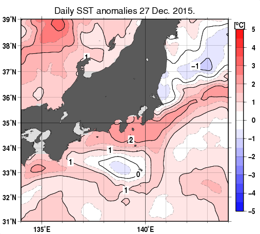 関東・東海・北陸周辺海域の海面水温平年差分布図（12月27日）