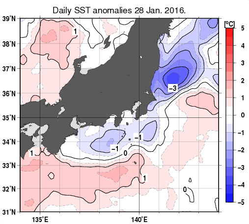 関東・東海・北陸周辺海域の海面水温平年差分布図（1月28日）