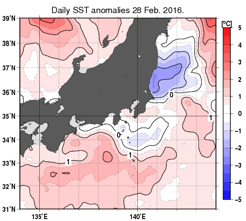 関東・東海・北陸周辺海域の海面水温平年差分布図（2月28日）