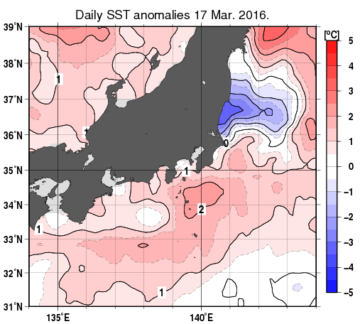 関東・東海・北陸周辺海域の海面水温平年差分布図（3月17日）