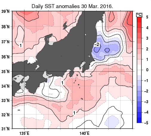 関東・東海・北陸周辺海域の海面水温平年差分布図（3月30日）