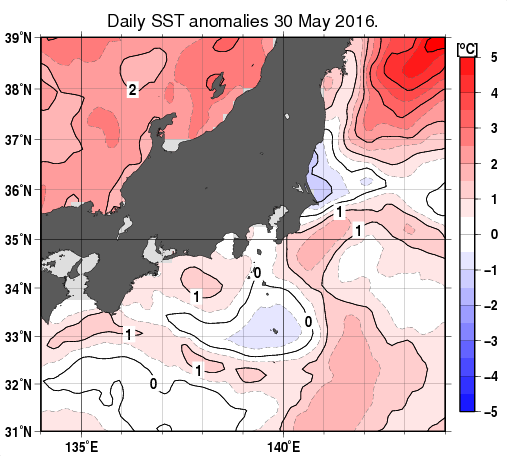 関東・東海・北陸周辺海域の海面水温平年差分布図（5月30日）