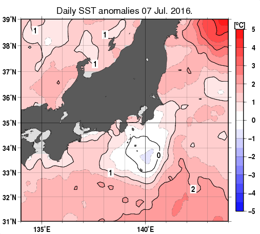 関東・東海・北陸周辺海域の海面水温平年差分布図（7月7日）