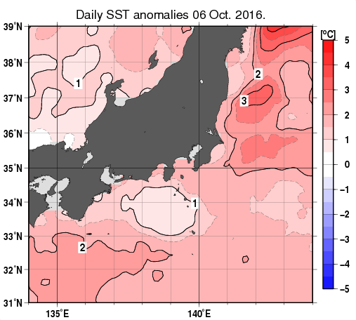 関東・東海・北陸周辺海域の海面水温平年差分布図（10月6日）