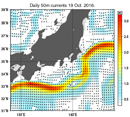 関東・東海・北陸周辺海域の深さ50mの海流分布図（10月19日）