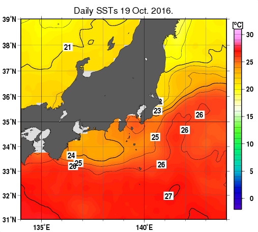 関東・東海・北陸周辺海域の海面水温分布図（10月19日）