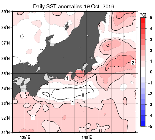 関東・東海・北陸周辺海域の海面水温平年差分布図（10月19日）