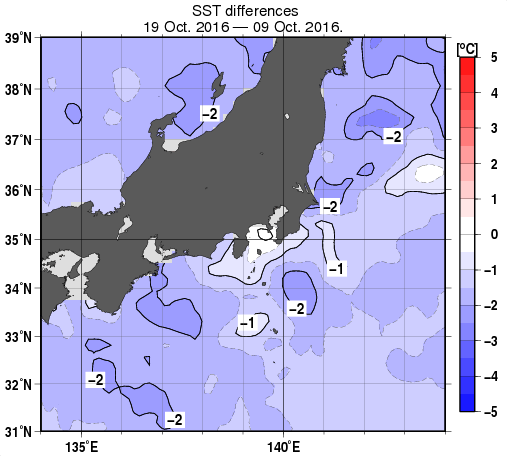 関東・東海・北陸周辺海域の10日間の海面水温変化量分布図（10月19日）