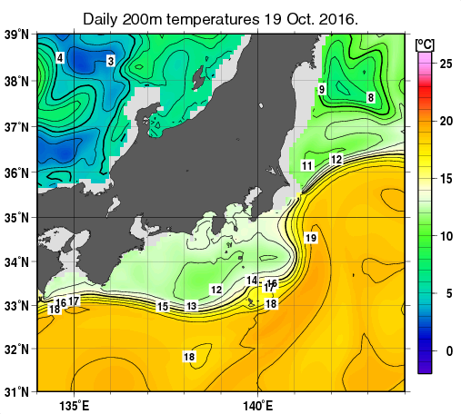 関東・東海・北陸周辺海域の深さ200mの水温分布図（10月19日）