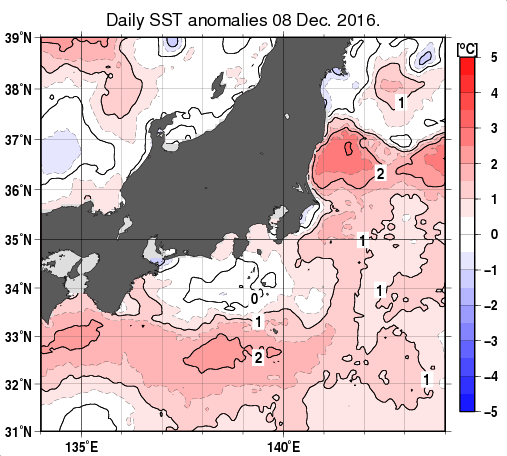 関東・東海・北陸周辺海域の海面水温平年差分布図（12月8日）