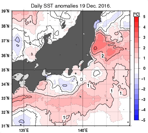 関東・東海・北陸周辺海域の海面水温平年差分布図（12月19日）