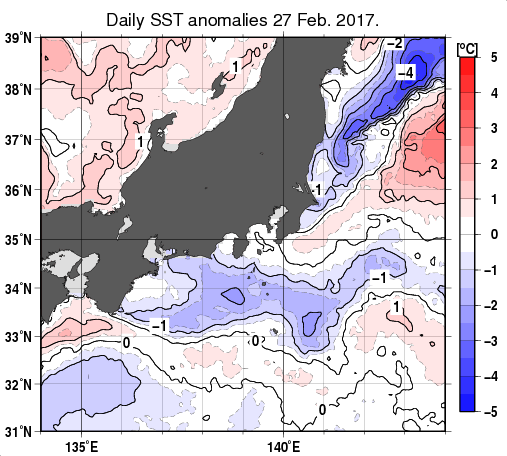 関東・東海・北陸周辺海域の海面水温平年差分布図（2月27日）