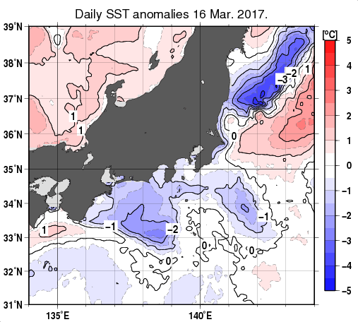 関東・東海・北陸周辺海域の海面水温平年差分布図（3月16日）