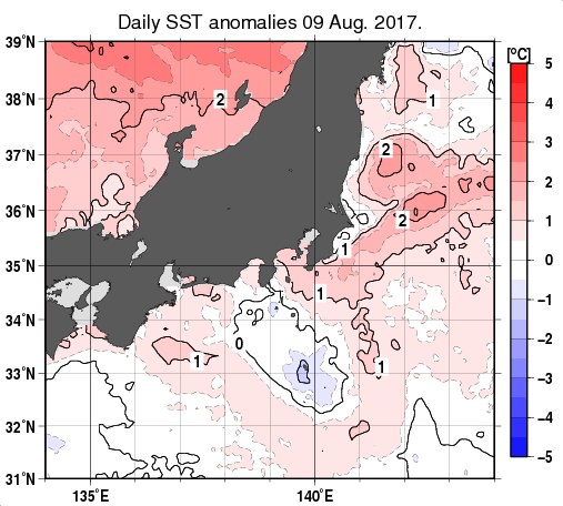 関東・東海・北陸周辺海域の海面水温平年差分布図（8月9日）