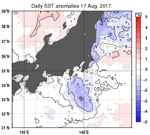 関東・東海・北陸周辺海域の海面水温平年差分布図（8月17日）