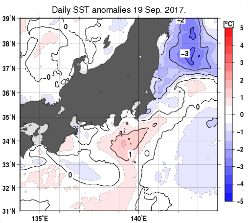 関東・東海・北陸周辺海域の海面水温平年差分布図（9月19日）
