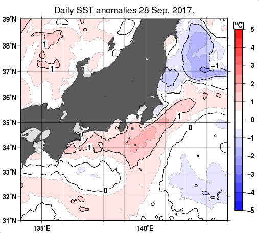 関東・東海・北陸周辺海域の海面水温平年差分布図（9月28日）