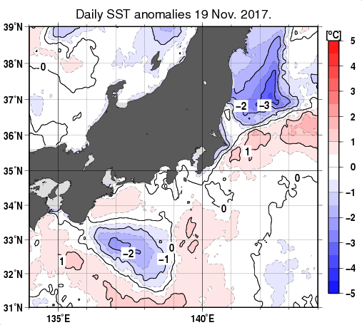 関東・東海・北陸周辺海域の海面水温平年差分布図（11月19日）