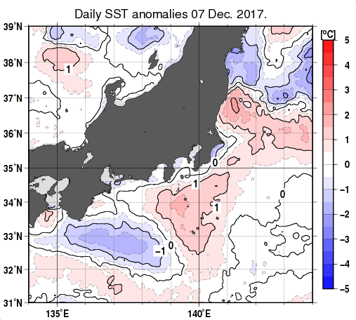 関東・東海・北陸周辺海域の海面水温平年差分布図（12月7日）