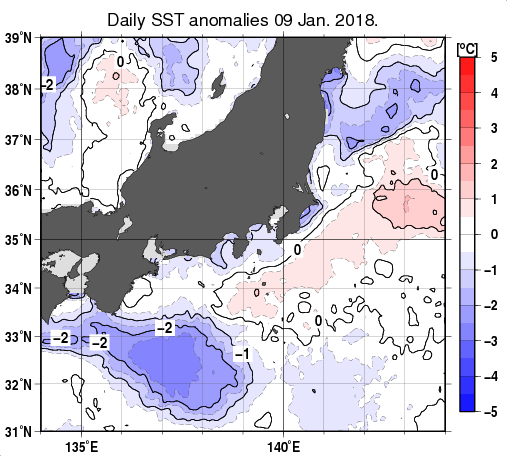 関東・東海・北陸周辺海域の海面水温平年差分布図（1月9日）