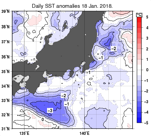 関東・東海・北陸周辺海域の海面水温平年差分布図（1月18日）