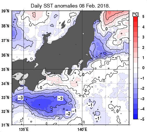 関東・東海・北陸周辺海域の海面水温平年差分布図（2月8日）