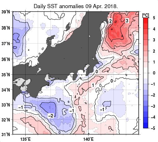 関東・東海・北陸周辺海域の海面水温平年差分布図（4月9日）