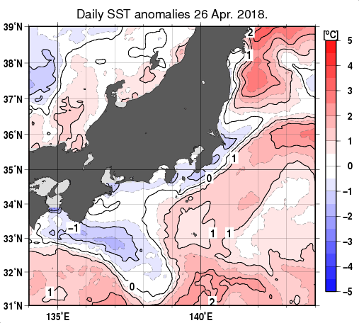 関東・東海・北陸周辺海域の海面水温平年差分布図（4月26日）