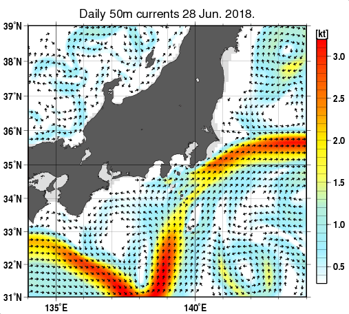 関東・東海・北陸周辺海域の深さ50mの海流分布図（6月28日）