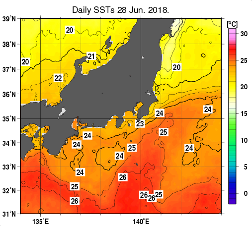 関東・東海・北陸周辺海域の海面水温分布図（6月28日）