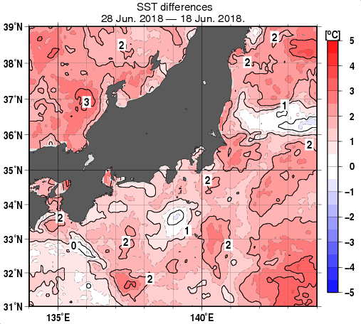 関東・東海・北陸周辺海域の10日間の海面水温変化量分布図（6月28日）