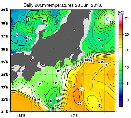 関東・東海・北陸周辺海域の深さ200mの水温分布図（6月28日）