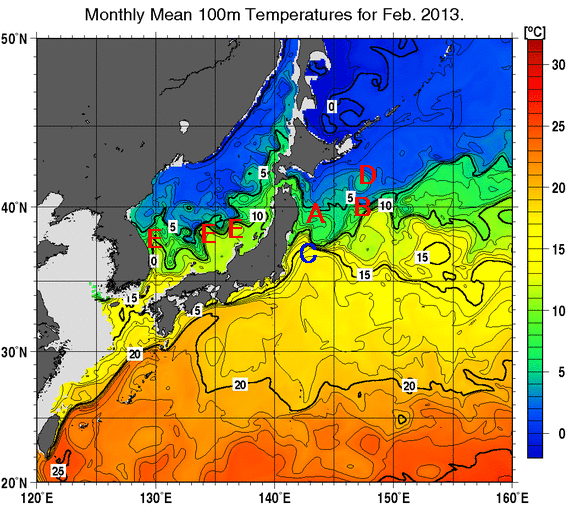 日本近海の深さ100mの月平均水温分布図（2013年2月）