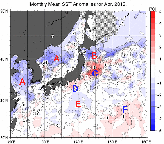 日本近海の月平均海面水温平年差分布図（2013年4月）