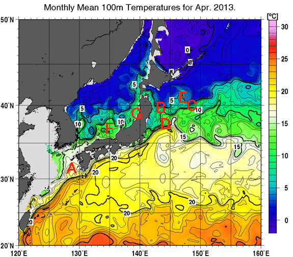 日本近海の深さ100mの月平均水温分布図（2013年4月）
