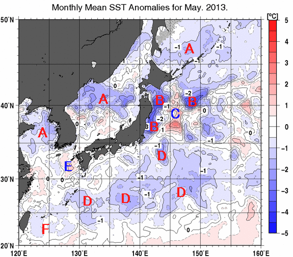 日本近海の月平均海面水温平年差分布図（2013年5月）