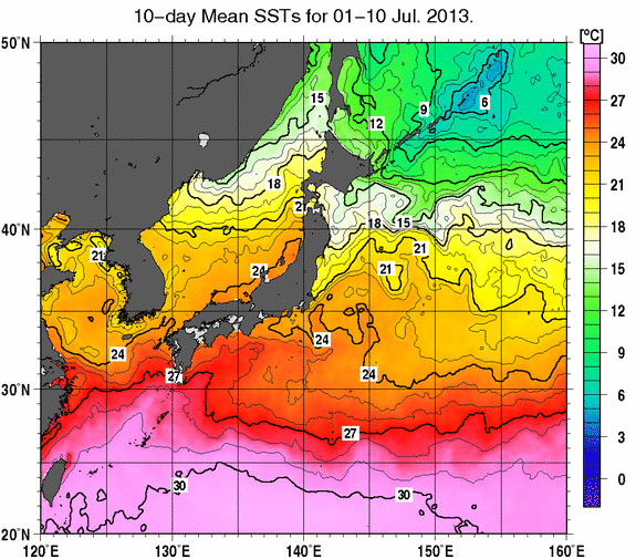 日本近海の旬平均海面水温分布図（2013年7月上旬）