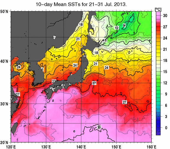 日本近海の旬平均海面水温分布図（2013年7月下旬）