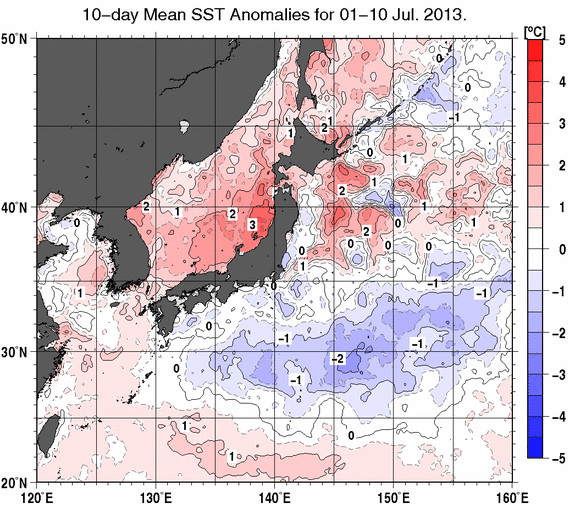 日本近海の旬平均海面水温平年差分布図（2013年7月上旬）