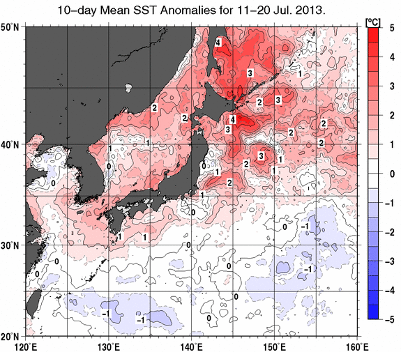 日本近海の旬平均海面水温平年差分布図（2013年7月中旬）