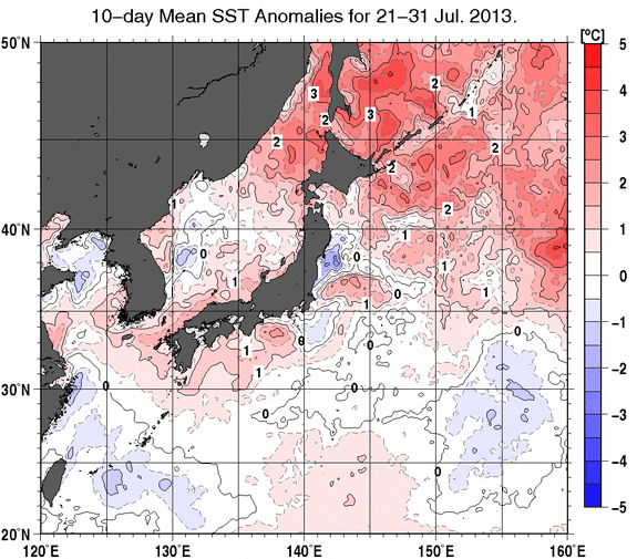 日本近海の旬平均海面水温平年差分布図（2013年7月下旬）