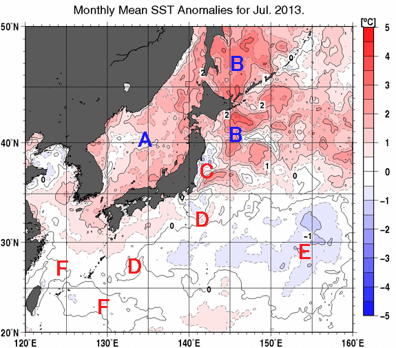 日本近海の月平均海面水温平年差分布図（2013年7月）