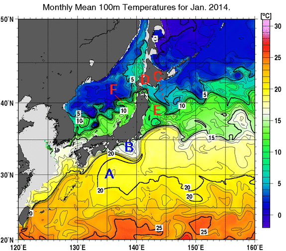 日本近海の深さ100mの月平均水温分布図（2014年1月）