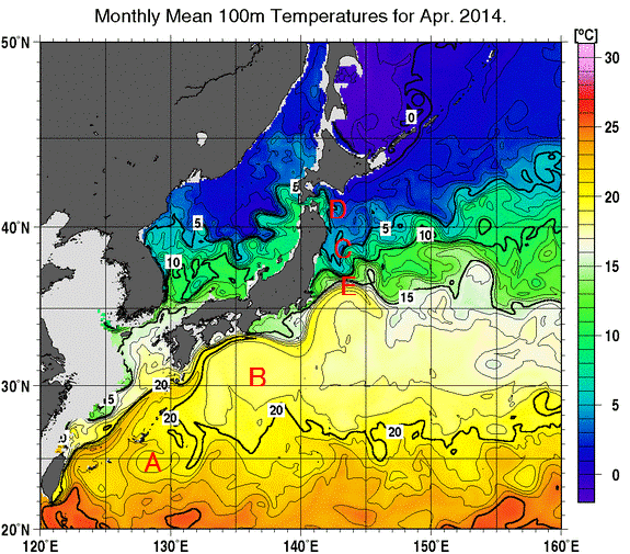 日本近海の深さ100mの月平均水温分布図（2014年4月）